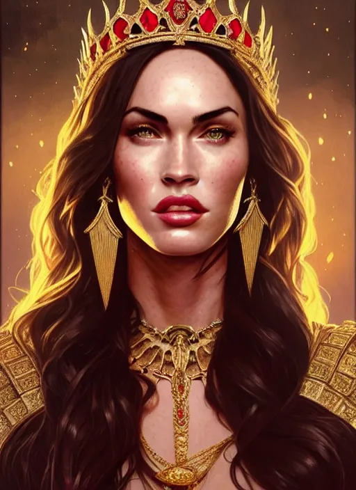 Image similar to portrait of megan fox as a queen, throne, jewelry, greek, ruby, intricate, headshot, highly detailed, digital painting, artstation, concept art, sharp focus, cinematic lighting, illustration, art by artgerm and greg rutkowski, alphonse mucha, cgsociety