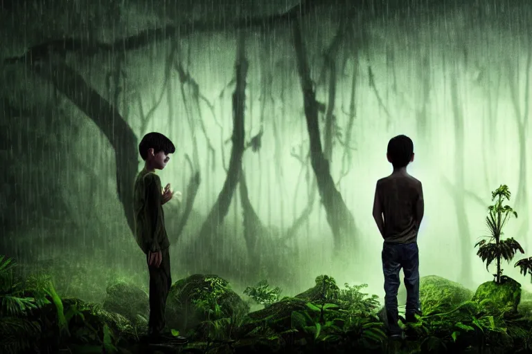 Image similar to boy in a conversation with a macabre soul looking like a ghost in the middle of a rain forest at night, realistic, obscure, dramatic scene, matte painting