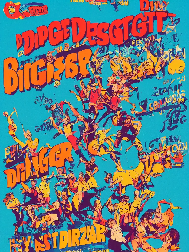 Prompt: poster for the diggerfest festival, digger land amusement park, concert, couple dancing, really good vibes, creative, 1 9 9 0 s, aesthetic