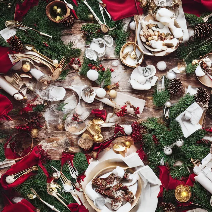 Prompt: [ christmas - spring ]!! aesthetic!!, trending on unsplash, [ 4 k photorealism ]!!, professional photography, [ overhead view of a table ]!!, shot by jimmy nelson