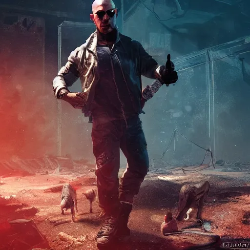 Image similar to pitbull the rapper in a post apocalyptic wasteland holding a microphone, by cedric peyravernay, highly detailed, excellent composition, photorealistic, cinematic concept art, dramatic lighting, trending on artstation