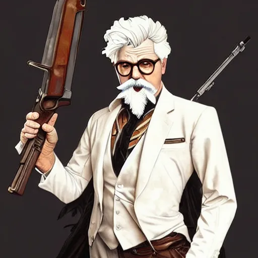 Prompt: a full body portrait of colonel sanders the greek god with a shotgun!! in hell!!! extremely beautiful, anatomically accurate, by artgerm and by greg rutkowski and by alphonse mucha and by simon bisley, radiant light, detailed and intricate environment,