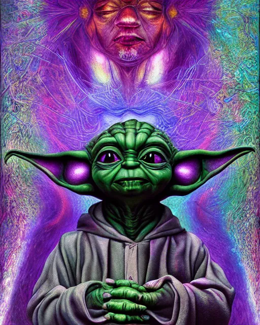 Image similar to portrait ultra dimensional baby yoda tripping on dmt, psychedelic experience, overwhelming self realization and awakening, ultra high definition, unreal engine 5, hyperrealism, masterpiece composition, surrealism by alex grey, salvador dali 8 k photorealistic