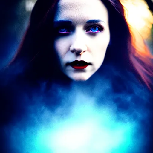 Image similar to Riveting Charismatic brunette female vampire, portrait, atmospheric lighting, painted, intricate, Highgate cemetery, mist, cold, volumetric lighting, beautiful, blue moon light, sharp focus, deep colours, ultra detailed, by Leesha Hannigan, Ross Tran, Thierry Doizon, Kai Carpenter, Ignacio Fernández Ríos