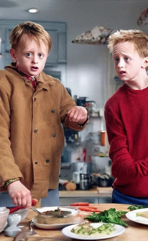 Image similar to kevin mccallister cooking harry and marv for dinner, photorealistic, realistic, detailed, hyperrealistic, 8 k, hdr, high quality, high resolution, lossless quality