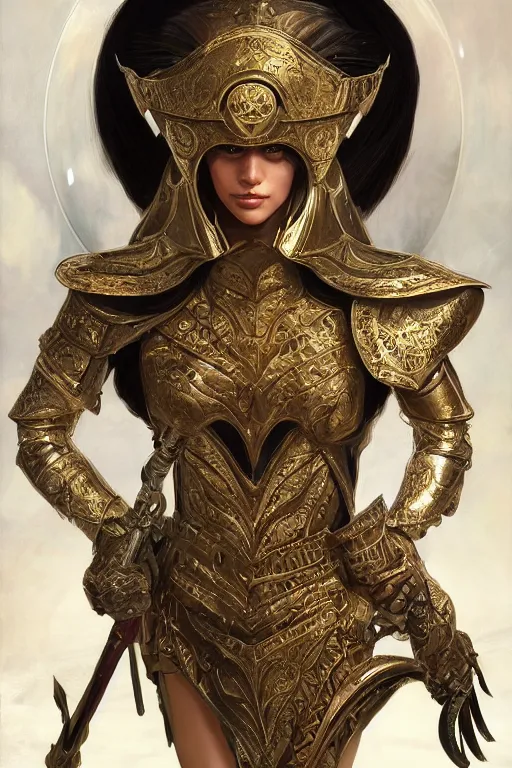 Image similar to a full body portrait of an attractive young female, ornate metallic helmet, intricate battle armor, olive skin, long dark hair, beautiful bone structure, intricate, elegant, highly detailed, digital painting, artstation, concept art, smooth, sharp focus, illustration, art by artgerm and greg rutkowski and alphonse mucha