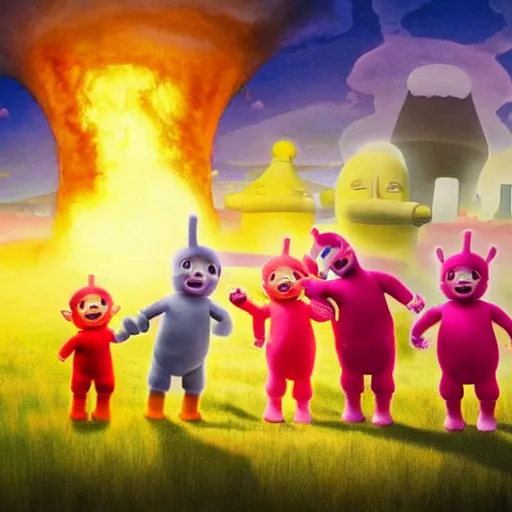 Image similar to The Teletubbies play in front of a large nuclear explosion that has created a large nuclear mushroom and is totally oblivious to the fact that the city is in flames and everyone die. Elegant, intricate, digital painting, artstation, concept art, smooth, sharp focus, illustration, art by artgerm and greg rutkowski and alphonse mucha