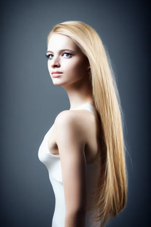 Prompt: portrait of a young pretty blonde girl with a long hair, elegant, photorealistic, sharp focus, filling light,