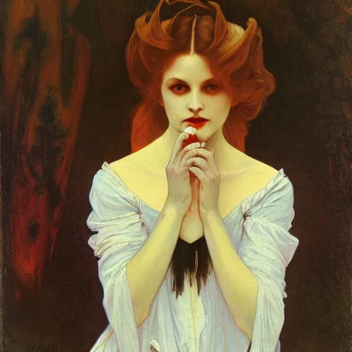 Prompt: A beautiful painting of a lady vampire, victorian, dracula, ominous, oil on canvas, photorealism, alphonse mucha, Johann Heinrich Füssli, irwin penn, high definition, soft light