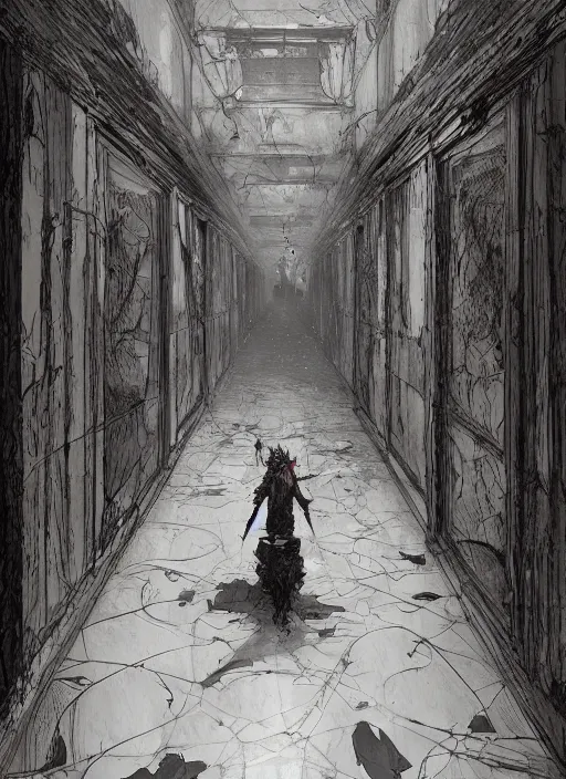 Image similar to interior of a haunted school corridor with ghots around, art style by kim jung gi karl marx greg rutkowski klimt and nixeu, au naturel, hyper detailed, digital art, trending in artstation, behance, deviantart, houdini