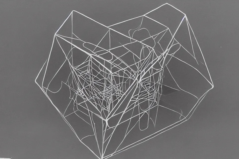 Image similar to geometric anamorphic drawing of a tesseract, by birdo, alex maksiov and john pugh