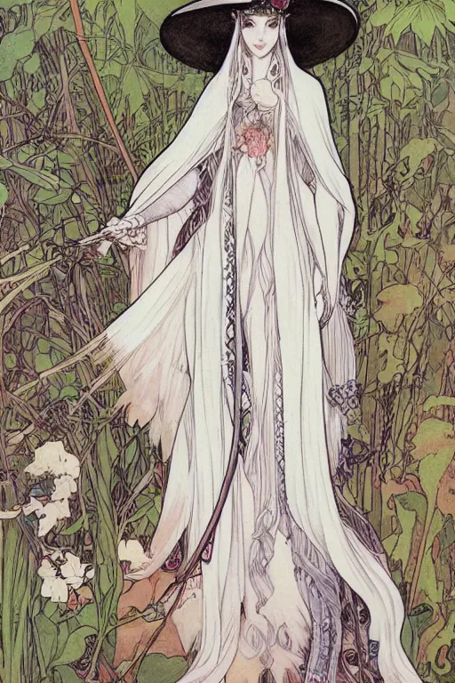 Image similar to Character design of a pure white witch in big witch‘s hat and cape from the Garden of Eden by mucha and range murata