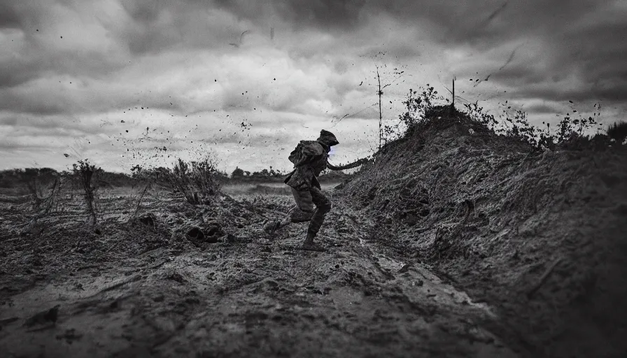 Image similar to screaming World War 1 soldier running across No Mans Land, wartorn landscape, lots of mud puddles and craters, dirty lens, cinematic lighting, IMAX close-up of face, cinematography, 35mm