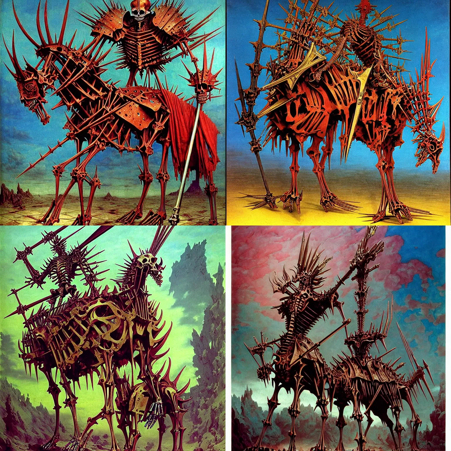 Prompt: Colorful, vivid, lucid, vibrant. A spiked horse skeleton with armored joints stands in a large cavernous throne room with halberd in hand. Massive shoulderplates. Extremely high detail, realistic, fantasy art, solo, masterpiece, bones, ripped flesh, art by Zdzisław Beksiński, Arthur Rackham, Dariusz Zawadzki, Harry Clarke