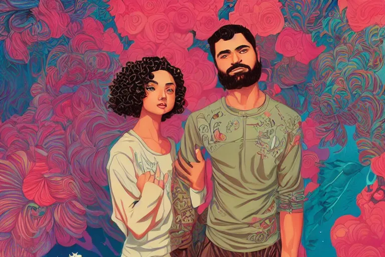 Prompt: a hispanic girl with medium length curly hair, and a short - bearded mixed race man with short curly hair, tristan eaton, victo ngai, artgerm, rhads, ross draws