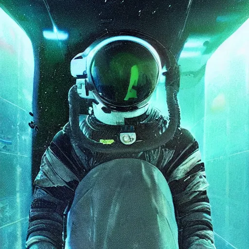 Prompt: concept art by david cronenberg diver astronaut in underwater futuristic dark and empty spaceship. complex and hyperdetailed technical suit design. reflection material. rays and dispersion of light breaking through the deep water. 3 5 mm, f / 3 2. noise film photo. flash photography. trend artstation