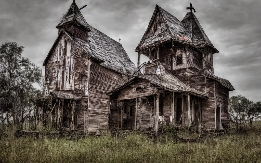 Image similar to an old wooden church rotting away in the bayou, realistic, old color photograph, dynamic composition, creepy