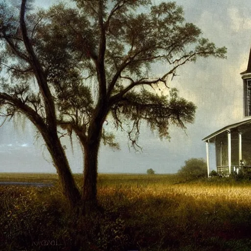 Prompt: 1 9 e century southern gothic scene, old white wooden church in bayou swamps, in louisiana, old painting style lagerstedt, mikko