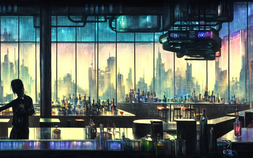 Image similar to cyberpunk loft lounge with tall windows, few people, city in background, bar counter with bartender and chairs, drawn by feng zhu, sparse plants, dim painterly lighting volumetric aquatics, impasto