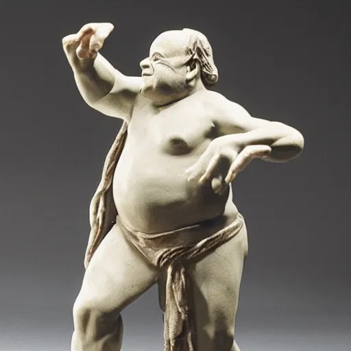 Image similar to an ancient statuette of a dancing danny devito, beautiful, priceless, studio photography