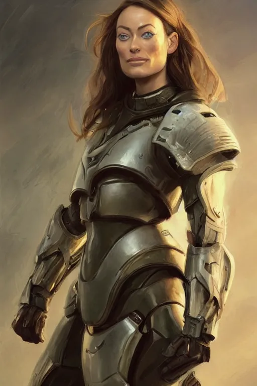 Image similar to a professional painting of a young Olivia Wilde, clothes in military armor, olive skin, long dark hair, beautiful bone structure, symmetrical facial features, intricate, elegant, digital painting, concept art, smooth, sharp focus, illustration, from StarCraft by Ruan Jia and Mandy Jurgens and Artgerm and William-Adolphe Bouguerea