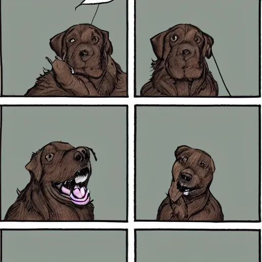 Image similar to “four-panel comic of a dog having a revelation”