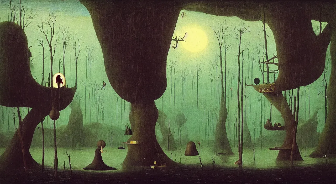 Prompt: single flooded simple!! wooden fungus pole, very coherent and colorful high contrast masterpiece by franz sedlacek hieronymus bosch dean ellis simon stalenhag rene magritte gediminas pranckevicius, dark shadows, sunny day, hard lighting