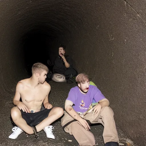 Prompt: two chav smoking cigarettes listening to drum & bass, inside of a long dark tunnel, kids smoking and drinking