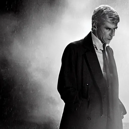 Image similar to arsene wenger as a 1 9 4 0 s gangster, noir, fog, serious, extreme detail, realistic, rain, atmospheric, cigarette in mouth, movie still, studio light 4 k