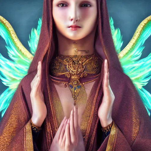 Image similar to ethereal real angel with ornate robes , highly detailed, 4k, HDR, smooth, sharp focus, hyper realistic, high resolution, award-winning photo