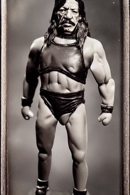 Image similar to daguerreotype of danny trejo as a 1 9 8 0 s wrestling action figure