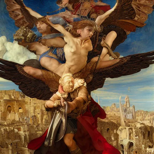 Prompt: masterpiece desert eagle soaring over bazaar of unholy goods, by Edgar Maxence and Ross Tran and Michael Whelan and Da Vinci and Caravaggio and J.M.W Turner and Brueghel intricate line drawings, unknwon intercession, detailed and beautiful intricate faces, 4k resolution