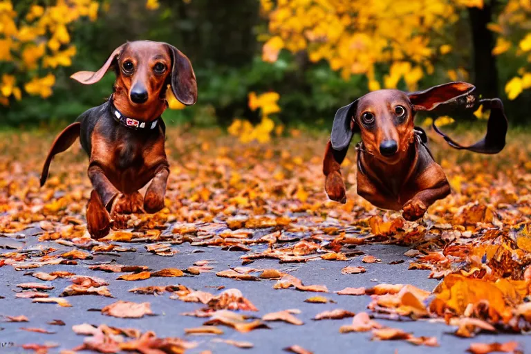 Prompt: dachshunds running towards the camera in the autumn leaves and some of the leaves are flying up into the air