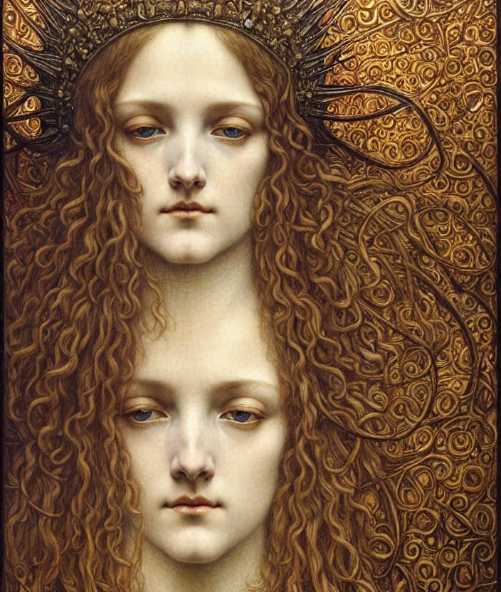 Image similar to detailed realistic beautiful young medieval queen face portrait by jean delville, gustave dore and marco mazzoni, art nouveau, symbolist, visionary, gothic, pre - raphaelite. horizontal symmetry