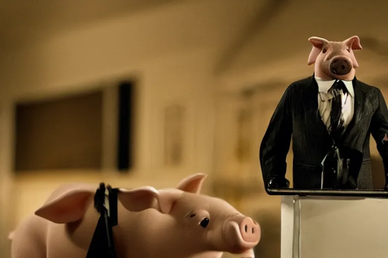 Prompt: movie scene closeup pig wearing a suit at a podium yelling. by emmanuel lubezki