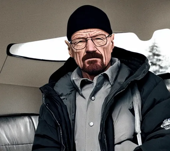 Prompt: Walter White wearing a black Supreme puffer jacket and a beanie, movie still, realistic