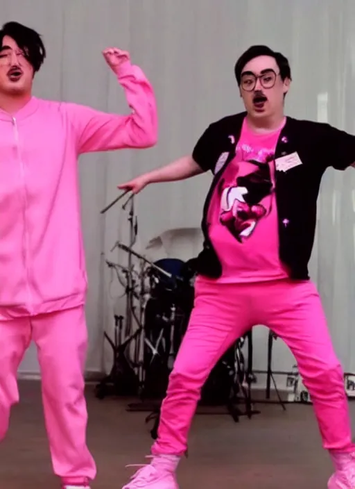 Image similar to joji singing in an scenario while filthy frank dances next to him in a pink outfit