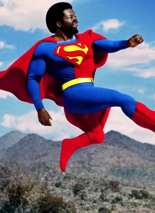 Prompt: film still of Afroman as Superman in Superman, 4k