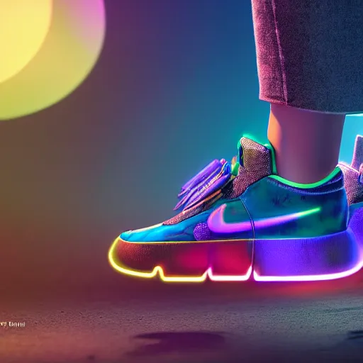 Image similar to extremely detailed realistic advertsing photograph of a ciberpunk mayan sneakers with neon lights by nike, bokeh, product shot view in studio, ArtStation, CGSociety