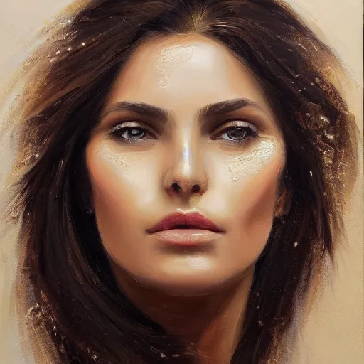 Image similar to beautiful portrait face centre oil on canvas of brunette with wavy hair Ebru Şahin, Reyyan, intricate, elegant, highly detailed, artstation, concept art, sharp focus