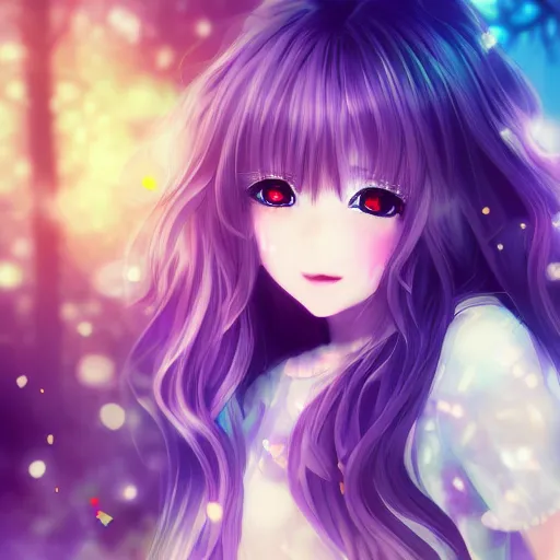 Prompt: 3d portrait of an adorable anime girl with long hair, looking partly to the left, blue shining eyes, light makeup, light pink lipstick, purple eyeliner, bokeh effect with forest background, 4k, highly detailed, anime art style, soft brushes