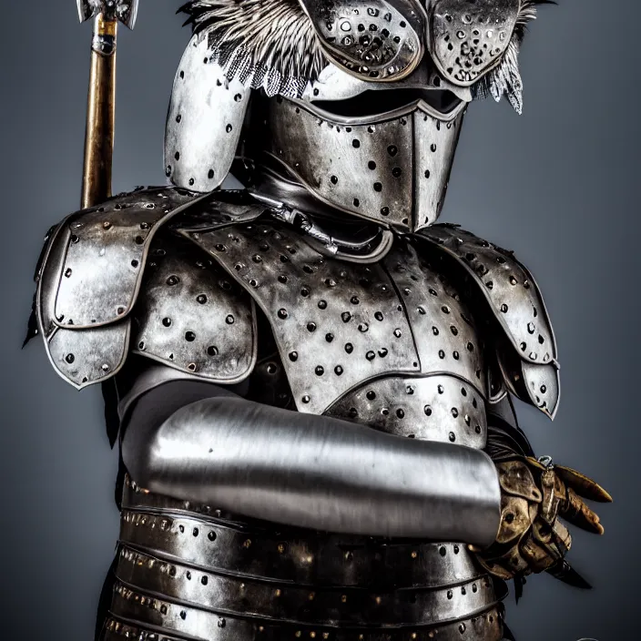 Image similar to portrait photograph of a warrior with metal owl armour. Extremely detailed. 8k