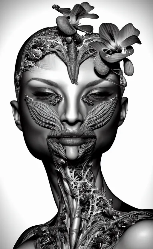 Prompt: a black and white 3D render of a beautiful profile face portrait of a female dragon-orchid-cyborg, 150 mm, flowers, Mandelbrot fractal, anatomical, flesh, facial muscles, wires, microchip, veins, arteries, full frame, microscopic, elegant, highly detailed, flesh ornate, elegant, high fashion, rim light, octane render in the style of H.R. Giger and Man Ray