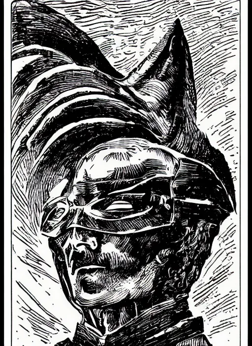 Image similar to 19th century wood-engraving of the batmobile, whole page illustration from Jules Verne book, art by Édouard Riou Jules Férat and Henri de Montaut, frontal portrait, high quality, beautiful, highly detailed, removed watermarks