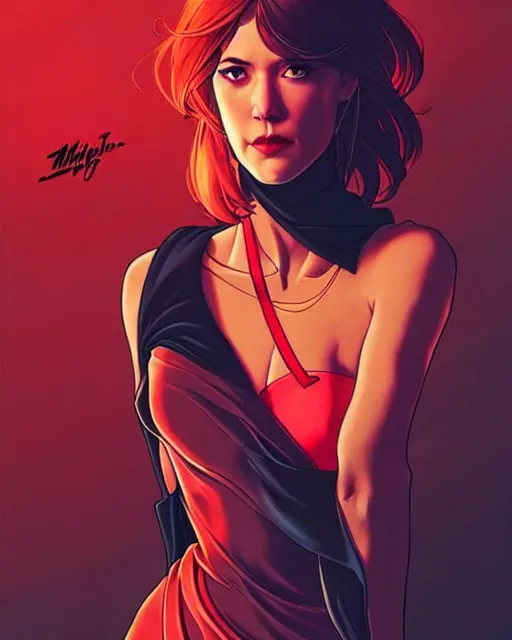 Image similar to style of rafael albuquerque, artgerm, conrad roset : : gorgeous mary elizabeth winstead : : evil sorceress, swirling black magic, black dress : : symmetrical face, symmetrical eyes : : full body pose : : gorgeous red hair : : cinematic lighting : :