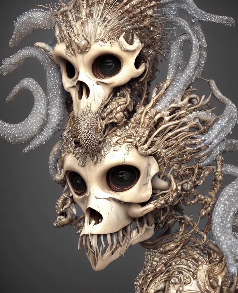 Image similar to close-up macro portrait of the face of a beautiful princess with animal skull mask, epic angle and pose, symmetrical artwork, 3d with depth of field, blurred background, cybernetic jellyfish female face skull phoenix bird, translucent, nautilus, energy flows of water and fire. a highly detailed epic cinematic concept art CG render. made in Maya, Blender and Photoshop, octane render, excellent composition, cinematic dystopian brutalist atmosphere, dynamic dramatic cinematic lighting, aesthetic, very inspirational, arthouse. y Greg Rutkowski, Ilya Kuvshinov, WLOP, Stanley Artgerm Lau, Ruan Jia and Fenghua Zhong