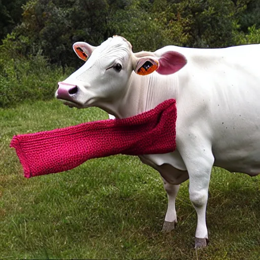 Image similar to a cow knitting a scarf