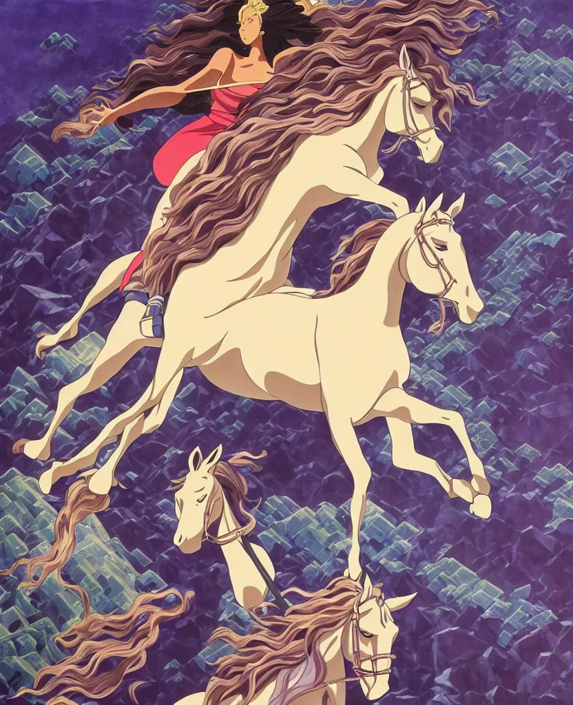 Image similar to beautiful painting from the anime film by studio ghibli, Beyoncé in a crystal outfit riding a diamond horse, painting by MC Escher, trending on artstation