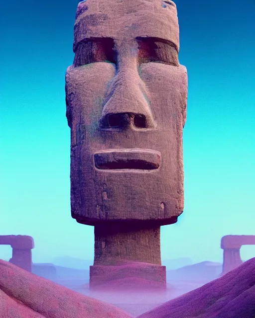 Prompt: soft greek sculpture of moai painted by james jean in pastel colors. artwork and beeple and dan mumford and greg rutkowski and nekroxiii. halo. octane render, cinematic, hyper realism, octane render, 8k, depth of field, bokeh. iridescent accents. vibrant.