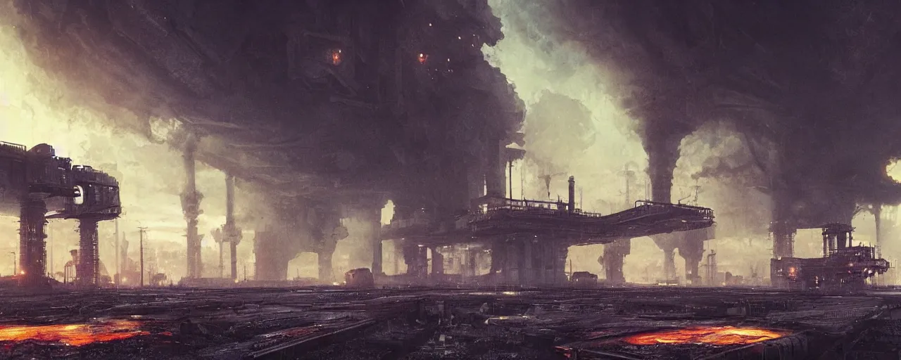 Image similar to ” polluted industrial alien landscape, [ smoke, soot, cinematic, detailed, epic, widescreen, opening, establishing, mattepainting, photorealistic, realistic textures, octane render, art by slop and paul lehr ] ”